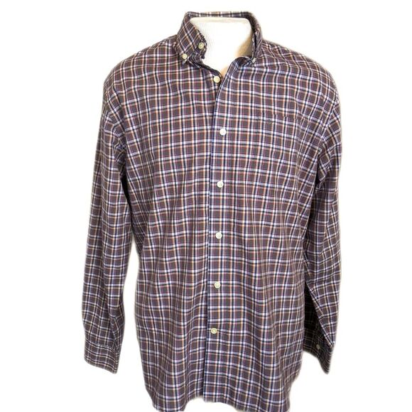 Dockers men's button down shirt, taupe, navy blue, yellow plaid, 60% cotton L - Picture 1 of 7